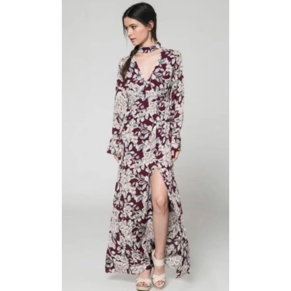 Honey Belle Y2K Choker Neck Floral Print Maxi Dress in Burgundy